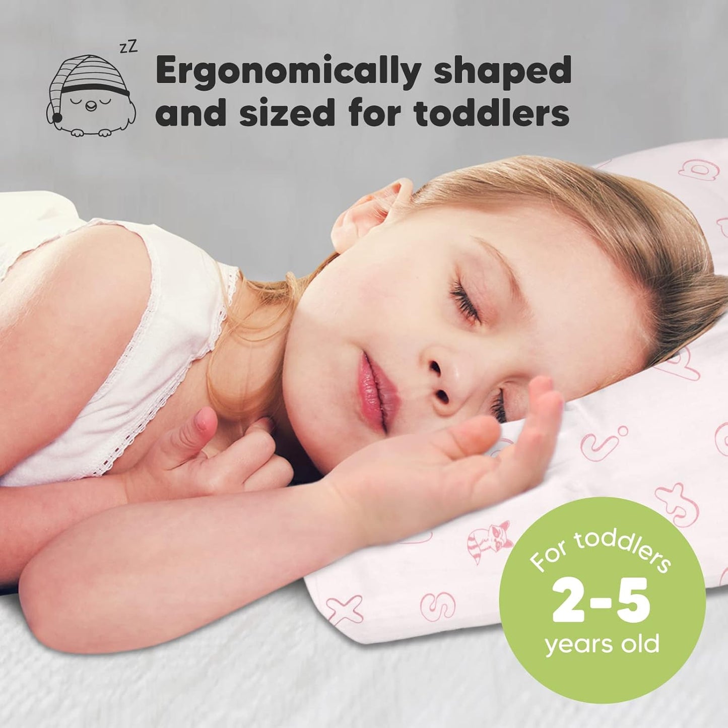 My Little Dreamy Toddler Pillow - Organic Cotton Travel Bed Pillow with Soft Pillowcase | 13x18, Machine Washable, Ages 2-5 (ABC Land Rose)