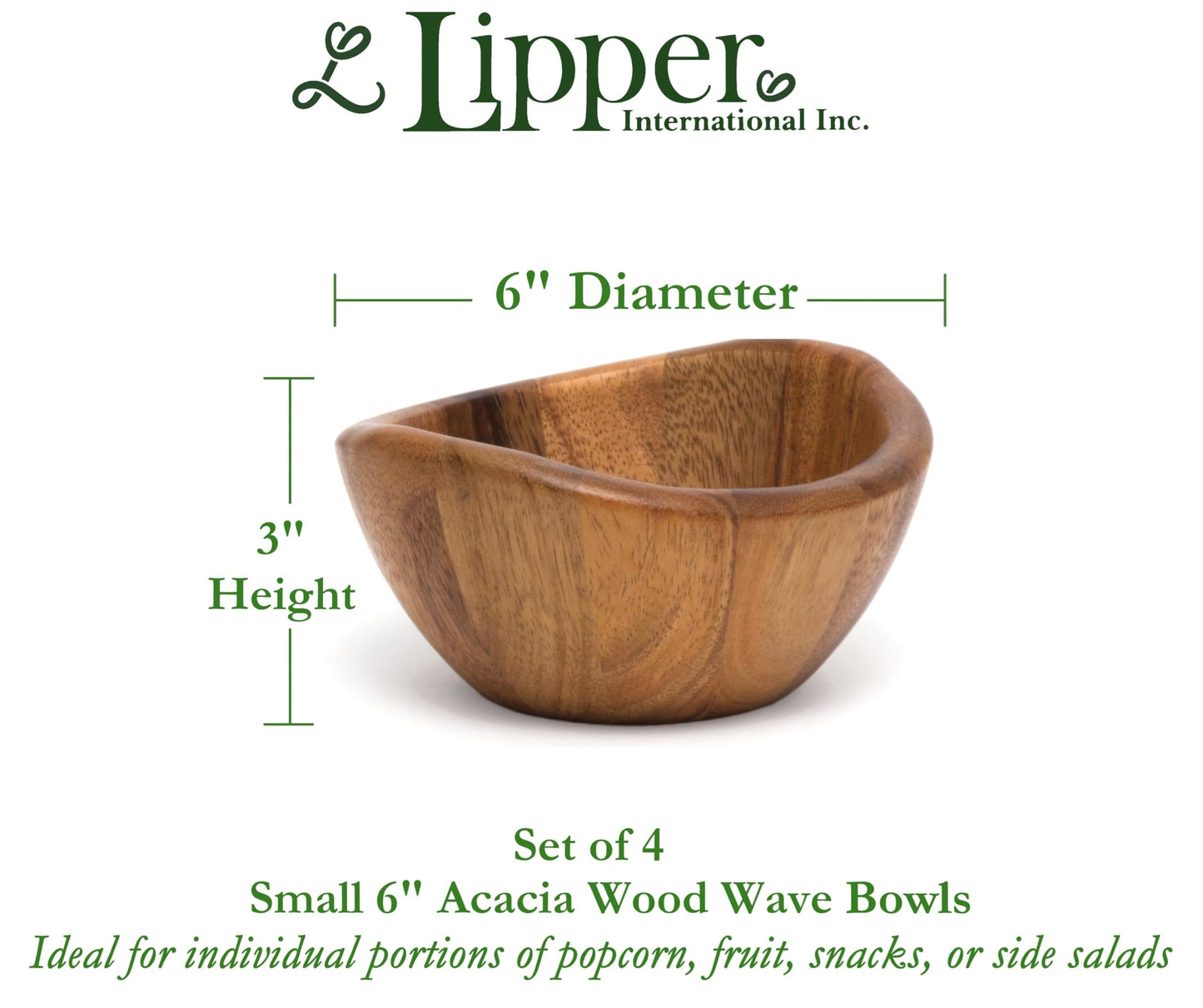 Lipper International Acacia Wave Serving Bowl for Fruits or Salads, Small, 6" Diameter x 3" Height, Set of 4 Bowls