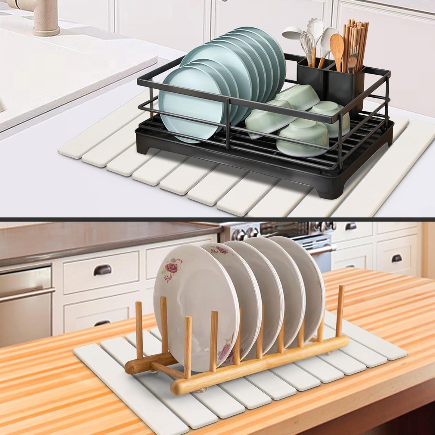 Large Stone Dish Drying Mat for Kitchen Counter, 24"(L)×16"(W), Collapsible Quick Drying Dish Mats, Ultra Absorbent Diatomaceous Earth Mats for Dishes Bottles Cups, Match Any Countertop