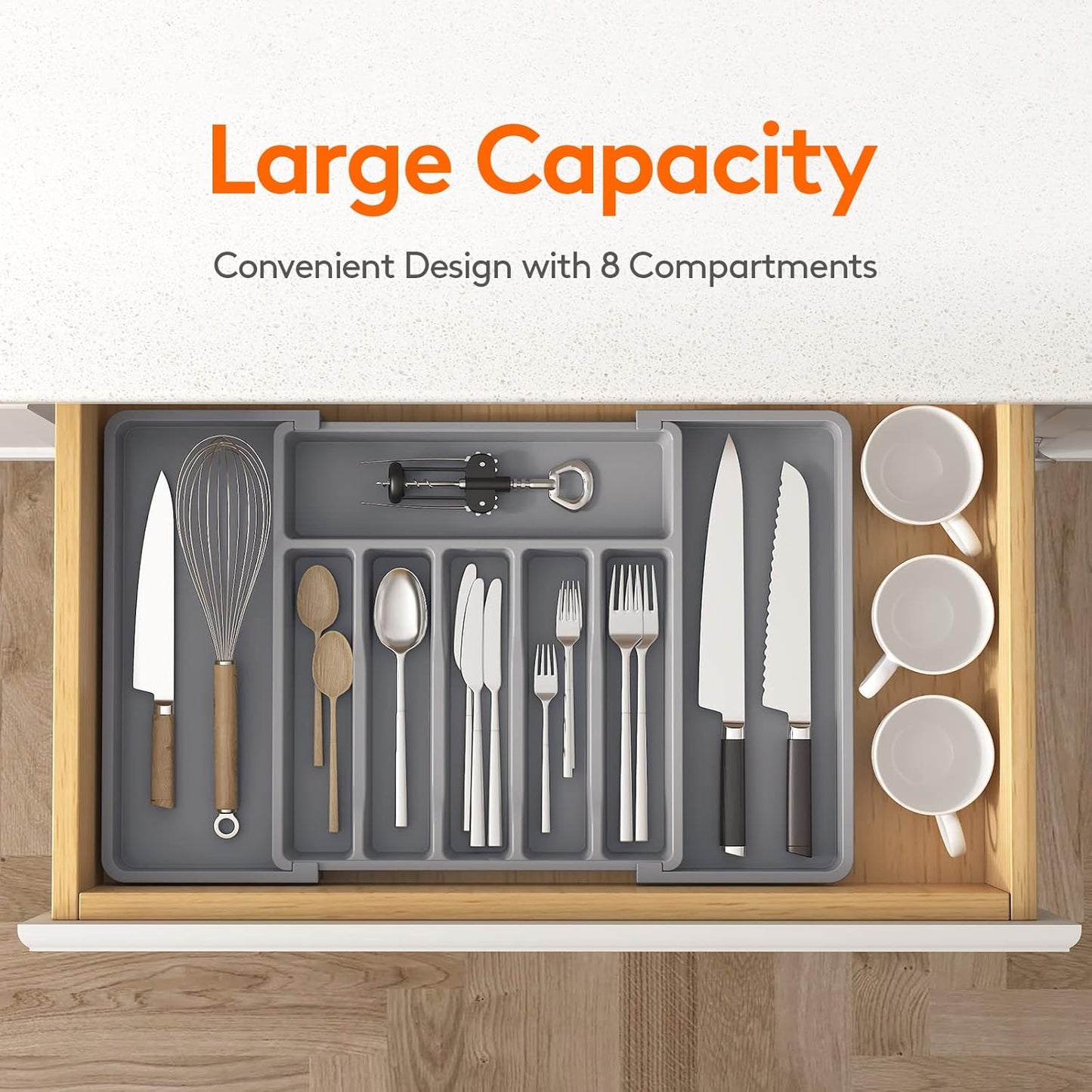 Lifewit Expandable Silverware Drawer Organizer - BPA-Free Utensil Tray for Kitchen | Adjustable 13-22 x 15" Grey