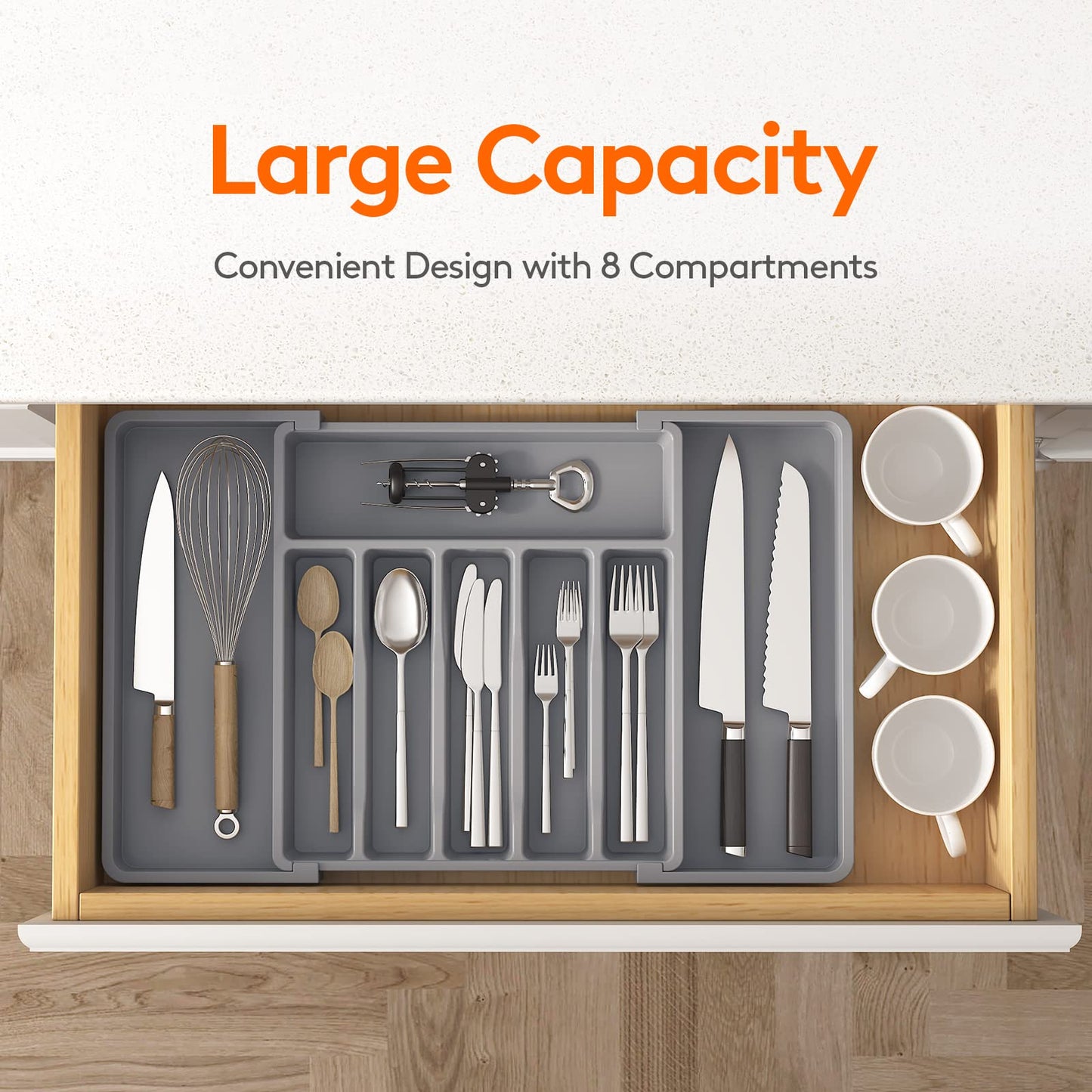 Lifewit Silverware Drawer Organizer, Expandable Utensil Tray for Kitchen, BPA Free Flatware and Cutlery Holder, Adjustable Plastic Storage for Spoons Forks Knives, 13-22 x 15", Grey