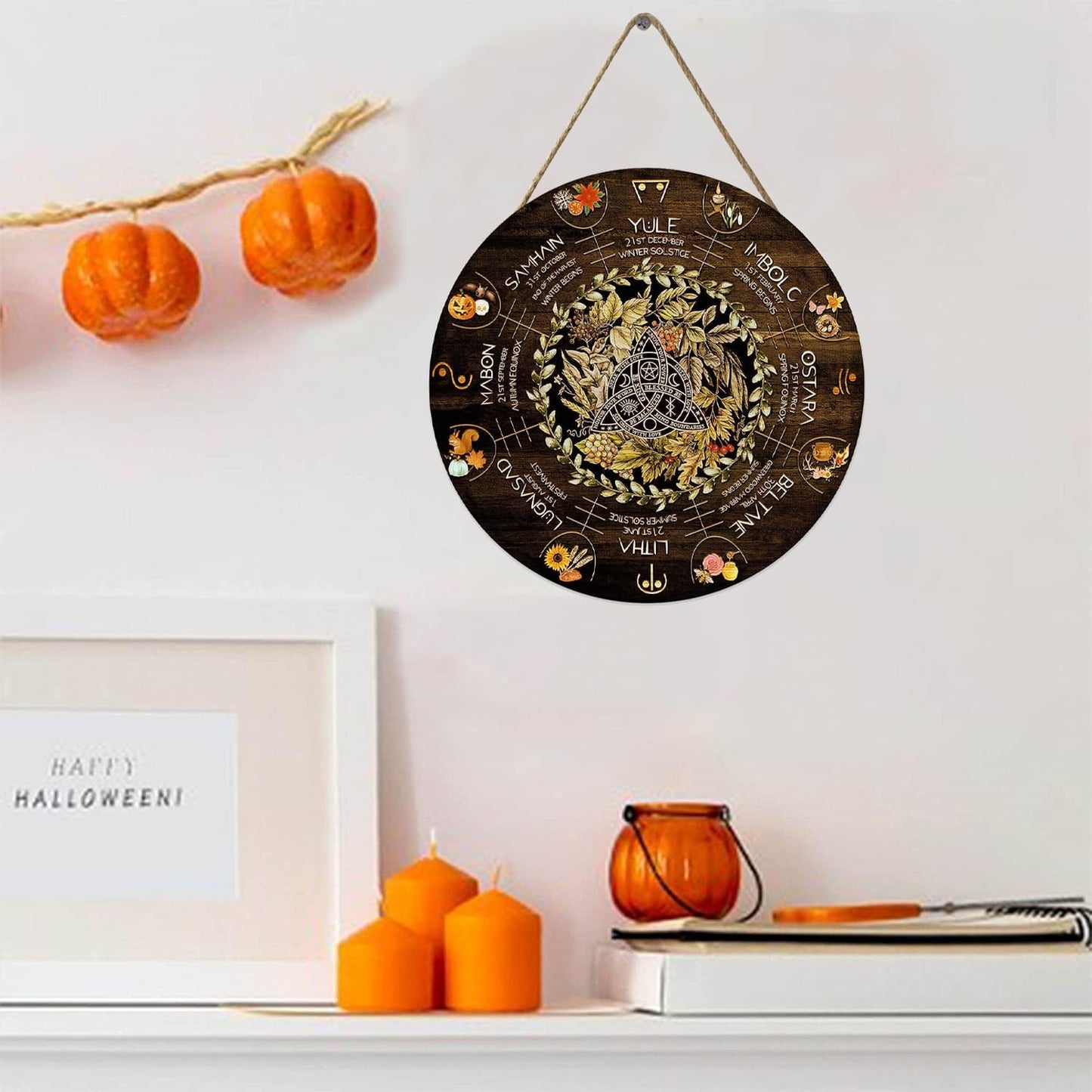 Wheel Year Wood Sign - Sabbats Pagan Witch Decor | Wiccan Calendar for Yule & Halloween | 12x12 Inch