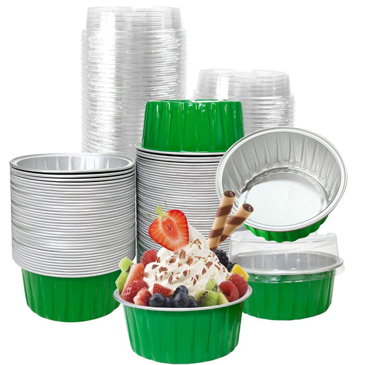 100Pcs Aluminum Cups with Lids,5oz Disposable Ramekin Baking Cups Muffin Liners Mini Pie Pans Foil Cupcake Containers for Christmas Party Wedding Party,Green