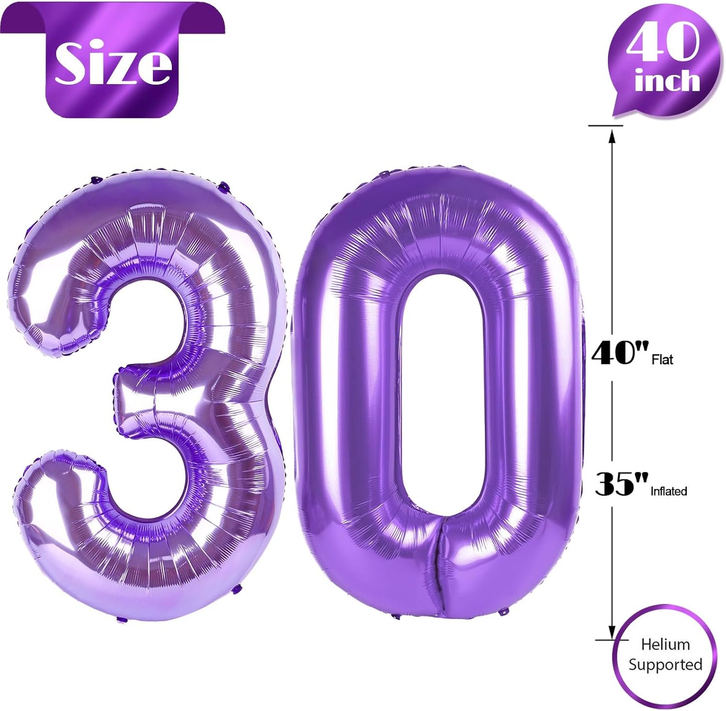 Purple Number 30 Balloon - 40 Inch Giant Foil Balloon for 30th Birthday Party Decorations