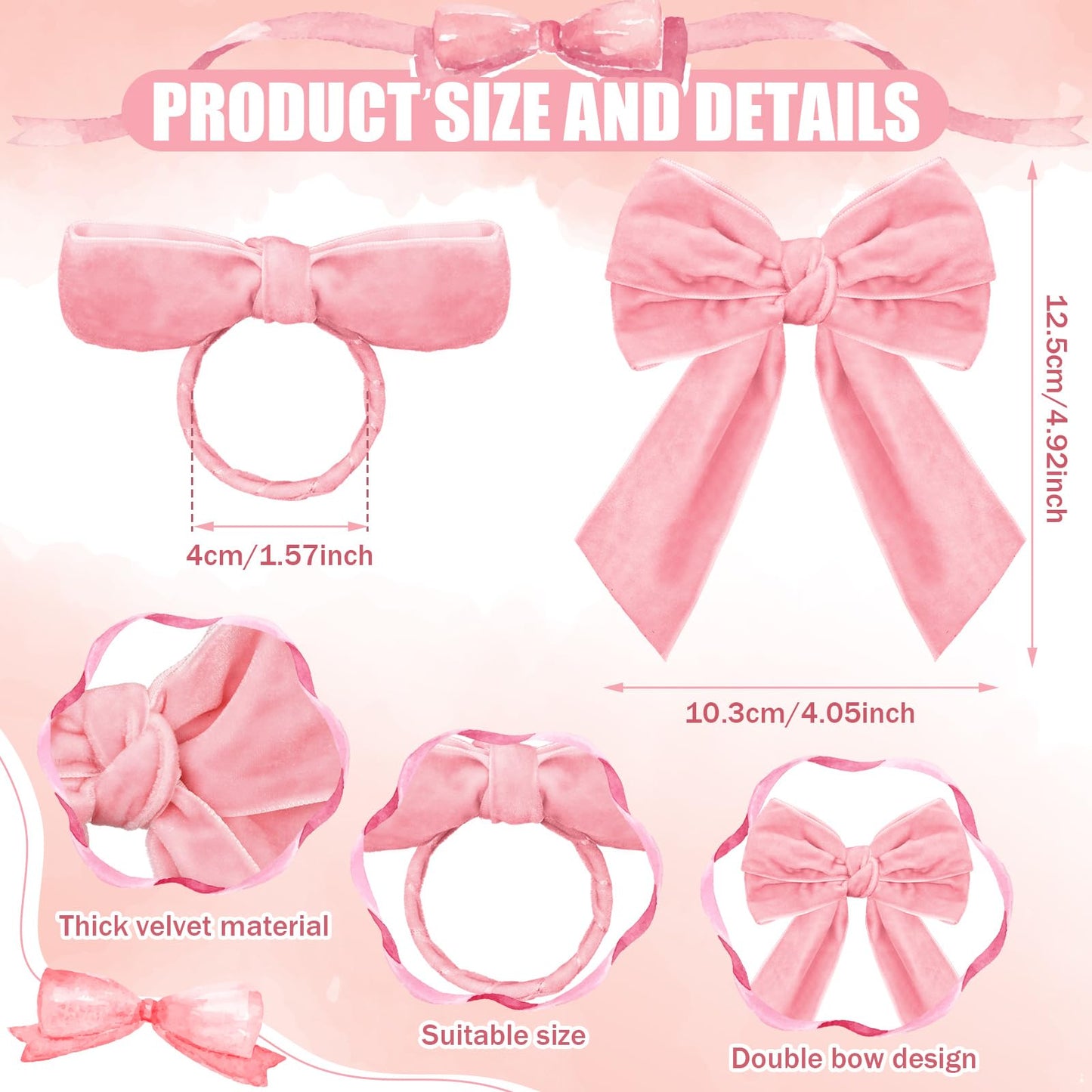 Maxdot 12 Pcs Bow Napkin Rings Set, Velvet Napkin Holders Buckles 4 x 4.9 Inch Serviette Rings for Family Dinner, Wedding, Party, Banquet, Table Decorations (Pink)
