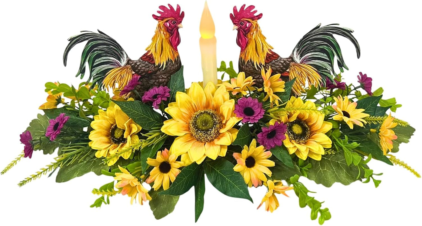 Svndlyn Rooster Kitchen Decor - Rustic Farmhouse Centerpiece with Flameless Candle & Sunflowers | Dining Table Accent