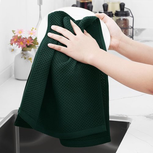 Homaxy 100% Cotton Waffle Weave Dish Towels - Ultra Soft & Absorbent | 13 x 28 Inches, 4-Pack, Blackish Green
