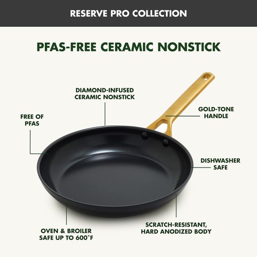 GreenPan Nonstick Reserve Pro 8" Frying Pan, NSF Certified Ceramic, Hard Anodized PFAS-Free Skillet, Stainless Steel Handles, Oven & Dishwasher Safe, Black