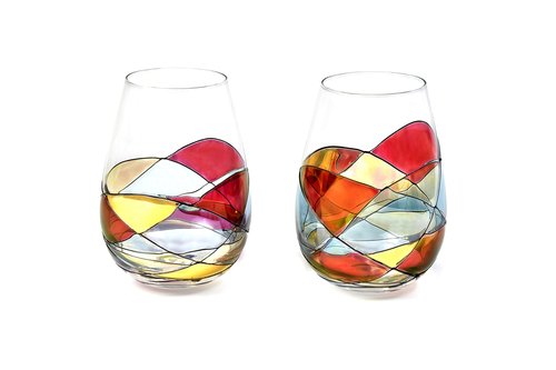 Antoni Barcelona Stemless Wine Glasses 21Oz Hand Painted Mouth Blown Sagrada Familia Gaudi Style Unique Gifts Ideas Authentic Sold Since 2016 Set 2 Original Stainned Crystal Art Lovers