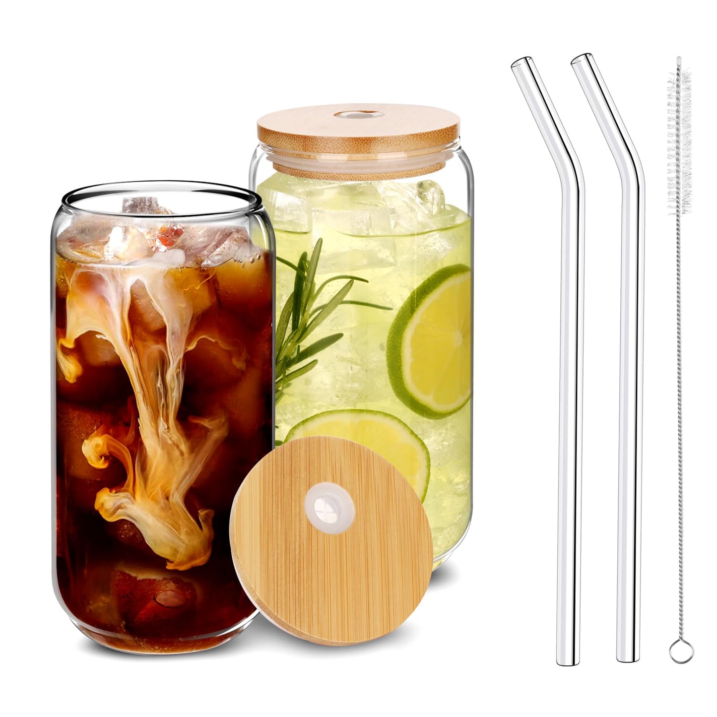 MOHARY Drinking Glasses with Bamboo Lids and Glass Straw 2PCS Set - 16oz Glass Cups with Lids and Straws, Iced Coffee Glasses, Ideal for Whiskey, Beer, Tea, Gift 1 Cleaning Brushes