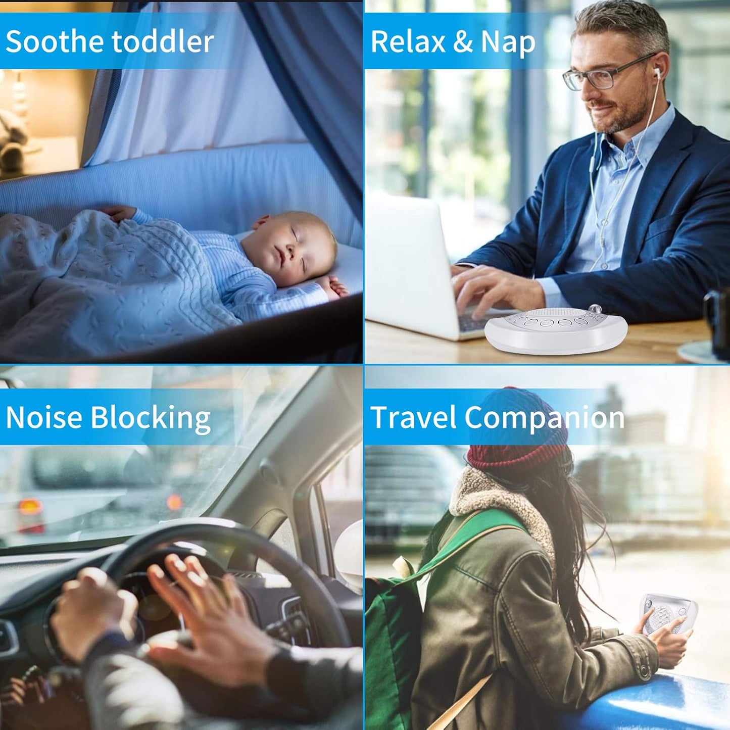 Raynic White Noise Machine - Portable Battery-Powered Sleep Aid with 24 Soothing Sounds | USB Port & Timer