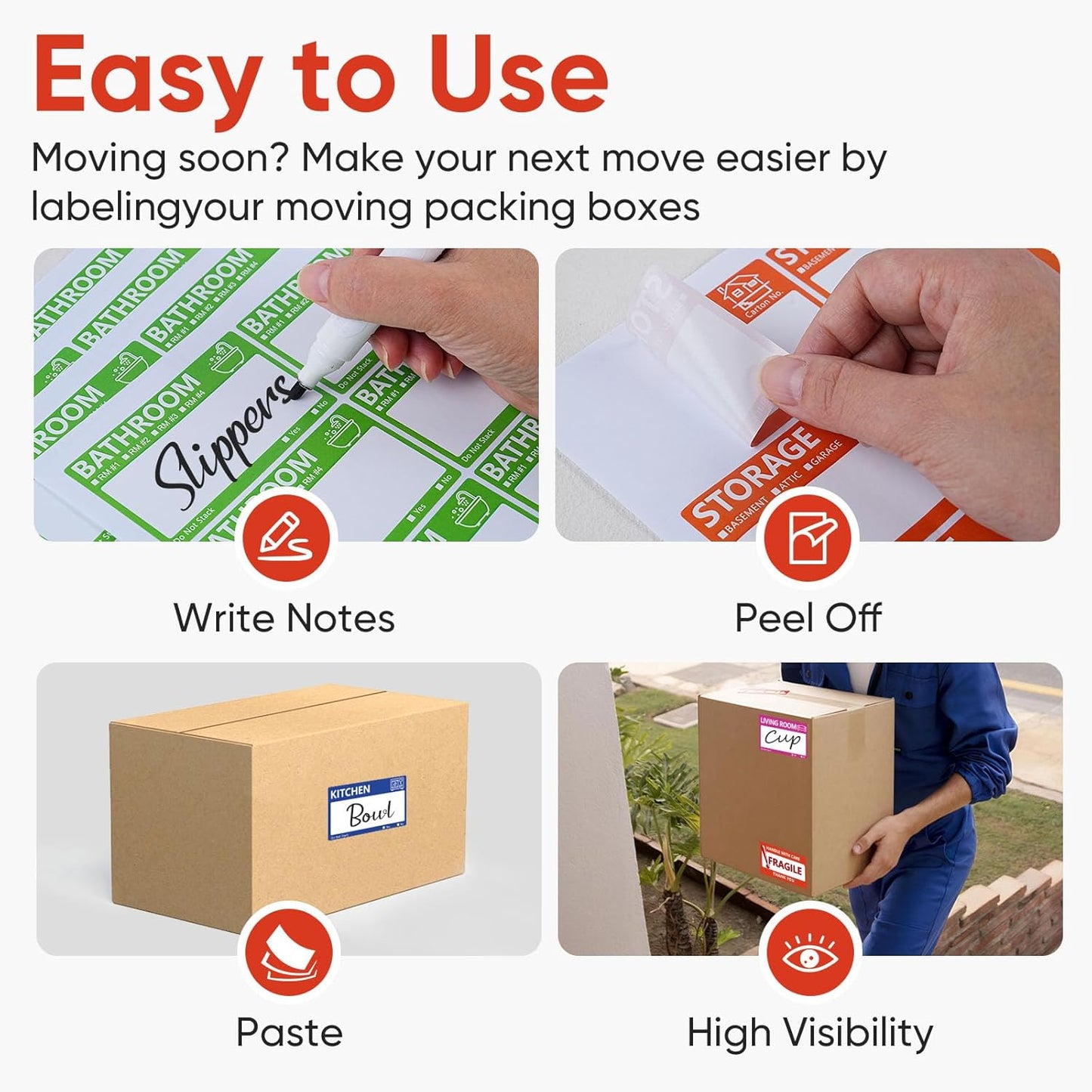 Skiennix Large Moving Labels - 400 PCS Color-Coded Stickers for Packing Boxes | Writable Notes Areas