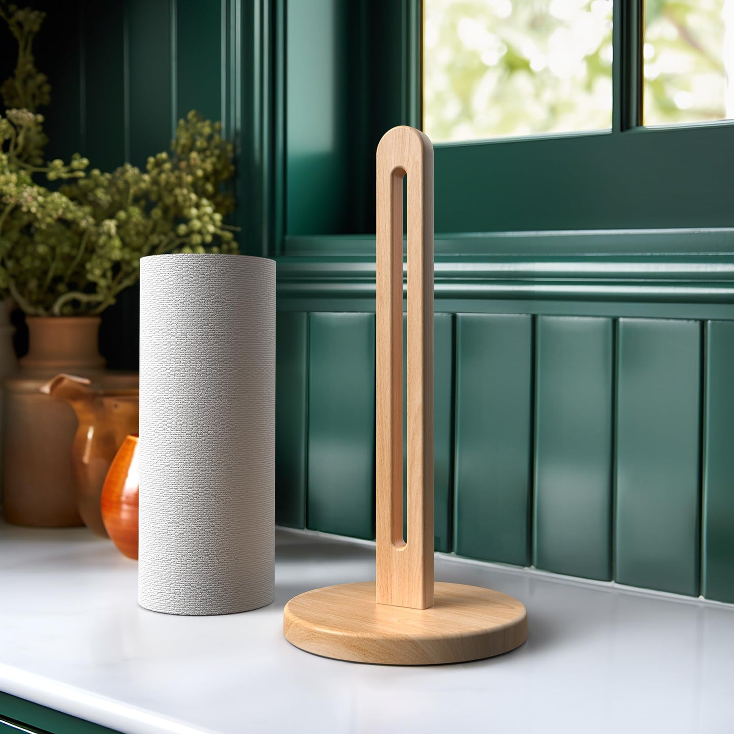 KitchLife Wooden Paper Towel Holder Countertop, Fits Jumbo Roll, Solid Freestanding Beech Wood Light Wood Paper Towel Dispenser Stand with Non-Slip Base