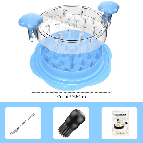 Chicken Shredder Large Chicken Breast Shredder Tool Twist with Brush&Fork, Visible Meat Shredder Machine, Anti-Slip Strip, Ergonomic Handle, BPA Free, Suitable for Pork Beef Chicken(Sky Blue)