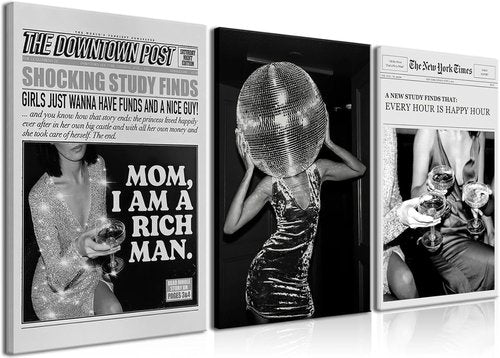 Disco Ball Tequila Fashion Poster Prints | Black and White Canvas Wall Art Set of 3 - Framed 12x16'' for Home Decor
