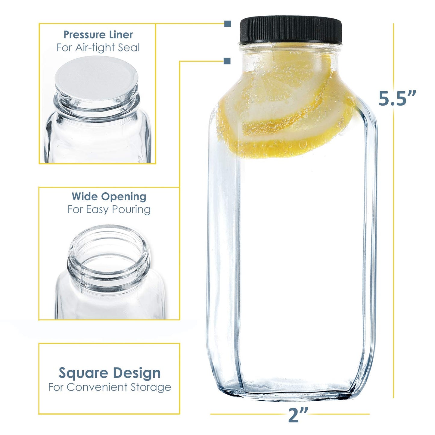 DilaBee 12-Pack Glass Juice Bottles with Lids, 8oz Glass Bottles with Lids for Juice, Smoothie, Water, Milk & Kombucha, Reusable Glass Bottles for Juicing - Bulk Glass Water Bottles with Caps BPA-Free