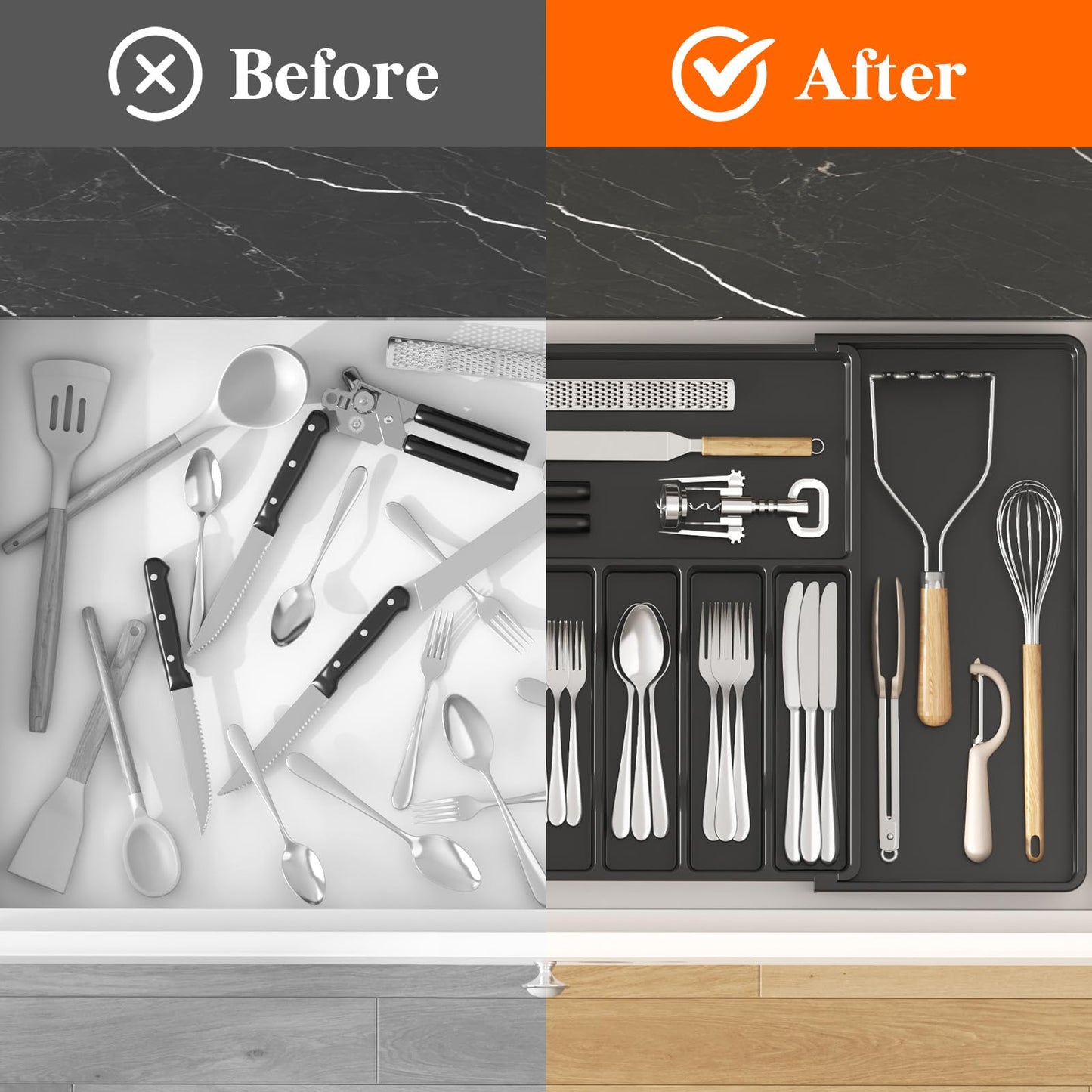 Lifewit Silverware Drawer Organizer, Expandable Utensil Tray for Kitchen, BPA Free Flatware and Cutlery Holder, Adjustable Plastic Storage for Spoons Forks Knives, 18- 33 x 18.5", Black