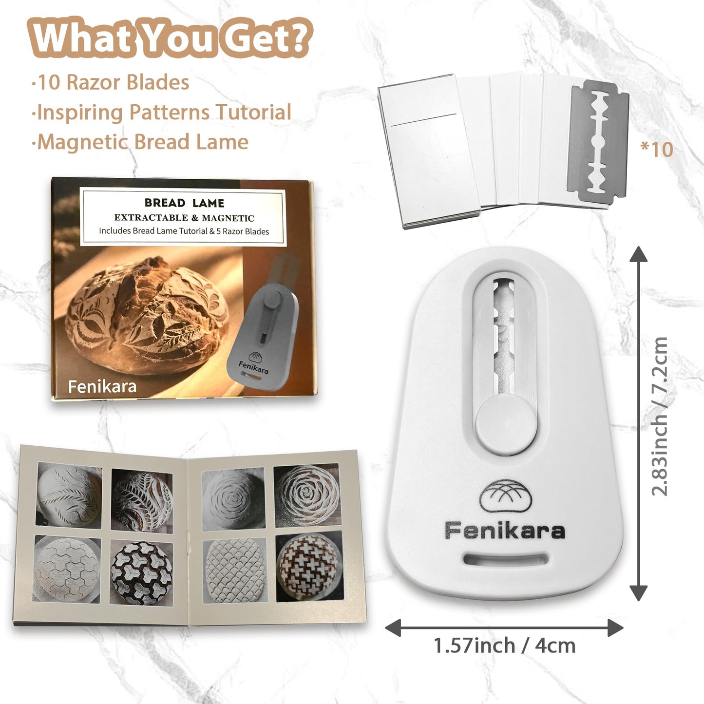 Fenikara Premium Magnetic Bread Lame & Versatile Bread Scoring Tool - Professional Sourdough Scoring Tool and Lame Bread Tool with 10 Razor Blades & Scoring Patterns Booklet (light gray)