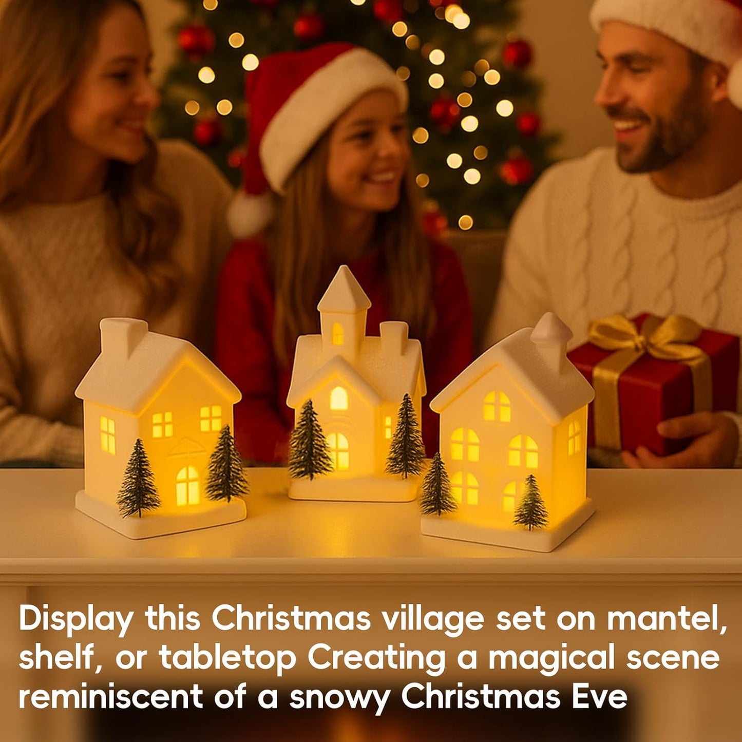 Regine Switzerland Christmas Village Set - 3 Lighted Ceramic Houses with Trees | Rustic White Holiday Decor for Home