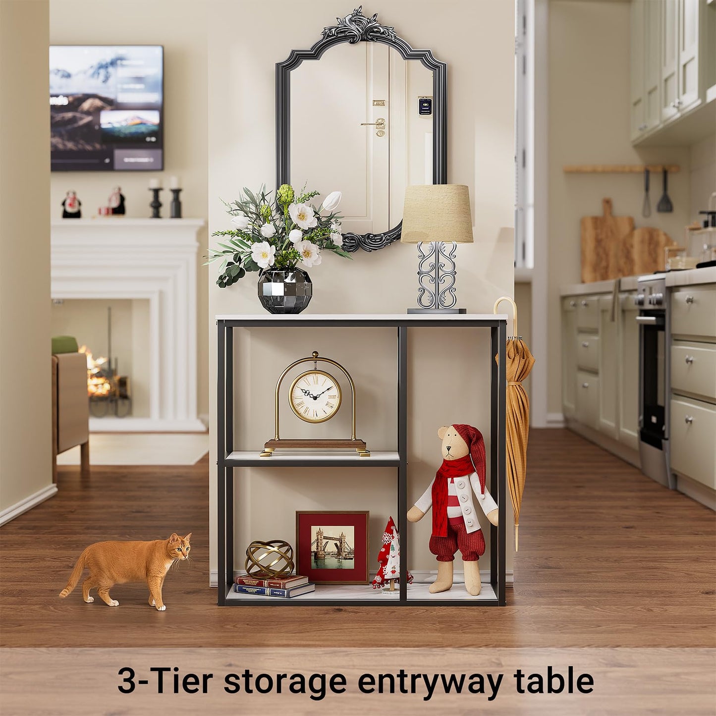 WOHOMO Console Table, 12 Inch Narrow Entryway Table for Living Room, 31.5 Inch Modern Industrial Sofa Table with 3-Tier Storage Shelves for Corridor, Hallway, White Marble