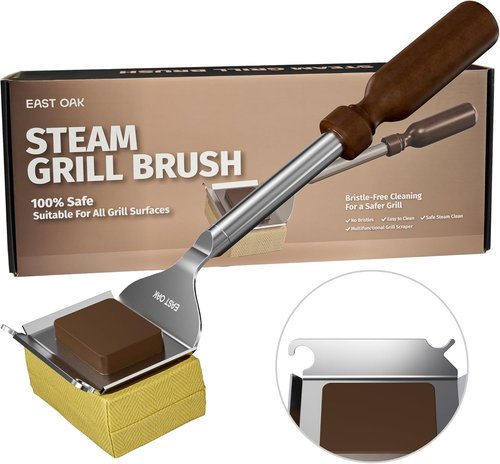 East Oak Bristle-Free Grill Brush - 2mm Stainless Steel Rod & Heat-Resistant Sponge Head | Safe for Cast Iron & Stainless Steel Grates
