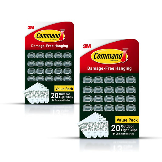 Command Outdoor Light Clips, 40 Clear and 48 Strips, Damage Free Hanging with Weather Resistant Strips, Wall Clips for Hanging Outdoor Lights and Cable Management