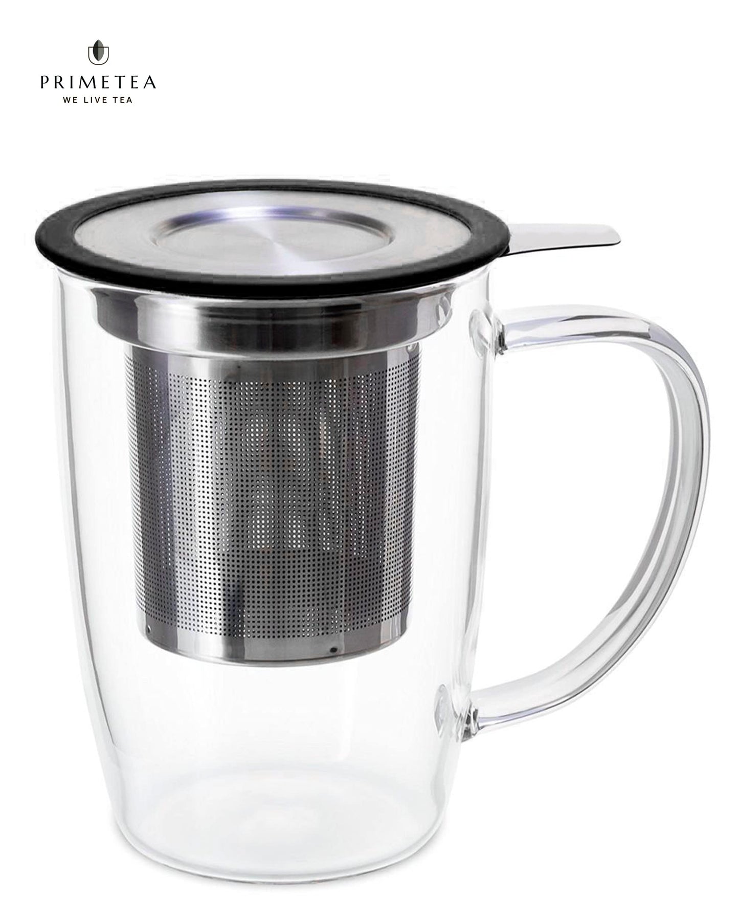 Prime Tea - Glass Teacup with Tea Infuser, 16oz / 470 ml, Hand Blown, Single Wall, Heat Resistance Borosilicate Glass Teamaker Cup for Blooming & Loose Leaf Tea, Microwave & Dishwasher Safe (Black)