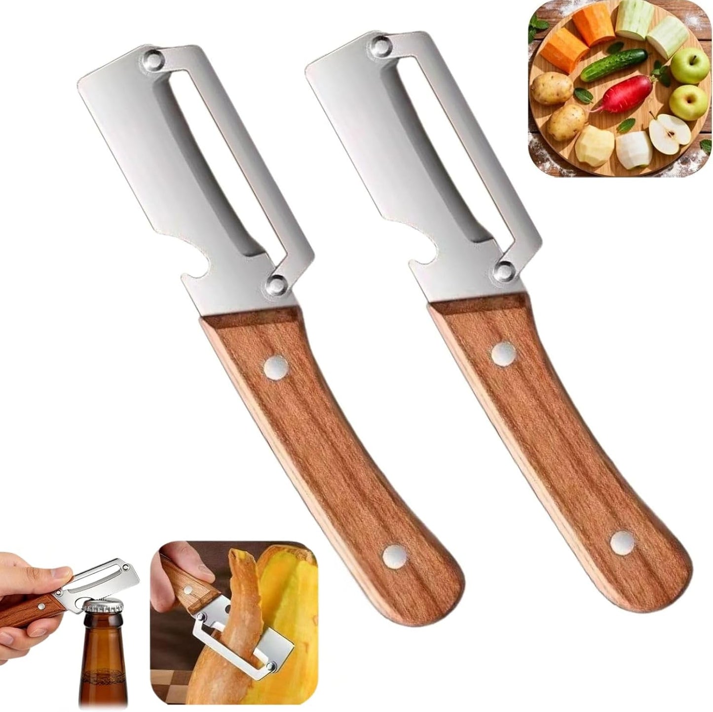 Skiennix Multi-Functional Kitchen Peeler - Premium Wooden Handle & Stainless Steel Blade | 2 Pack for Easy Vegetable & Fruit Peeling