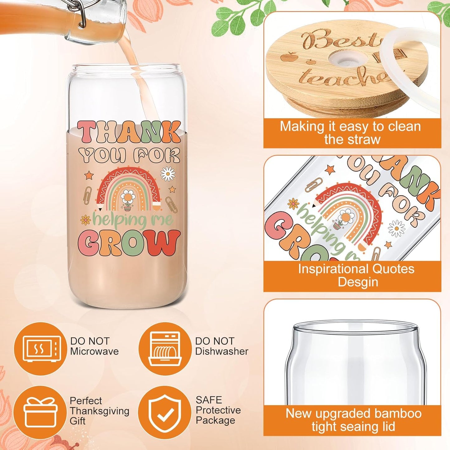 Tioncy 12 Pcs Positive Thank You Gifts for Women Appreciation Teacher Nurse Christian Religous Gifts 16oz Glass Cup with Bamboo Lids Straws Coffee Drinking Jars for Coworker