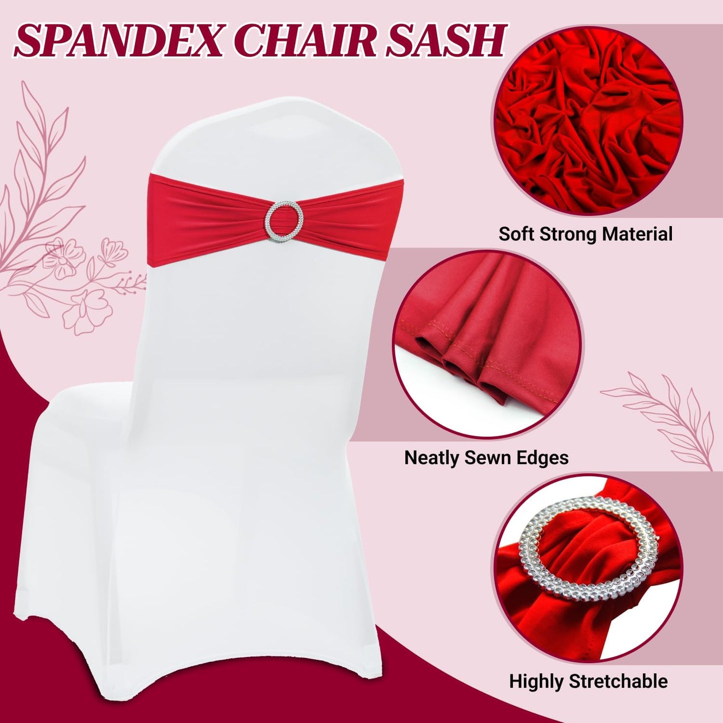 MDS Spandex Chair Sashes - 250 Universal Elastic Stretch Bands with Buckle Slider Bow | Red