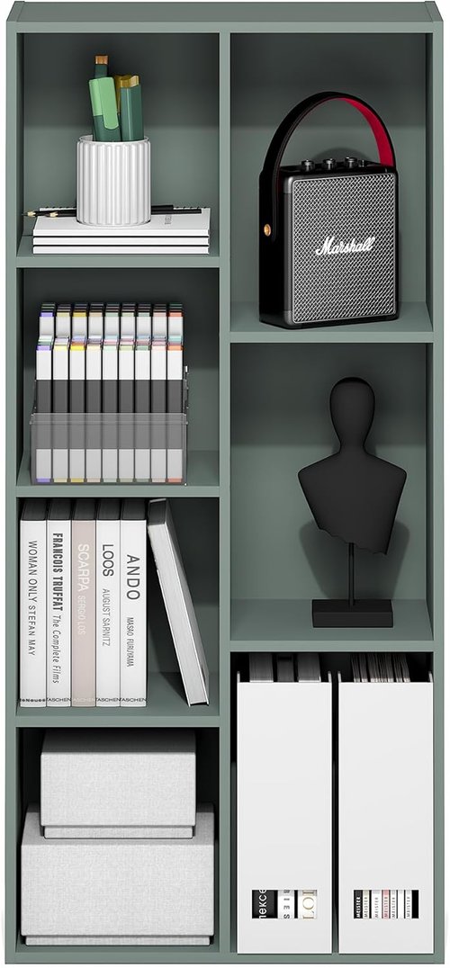 Furinno LUDER Bookshelf - 7-Cube Bookcase with Open Shelves | Easy Assembly, Sage Green, 9.4 x 19.5 x 41.7