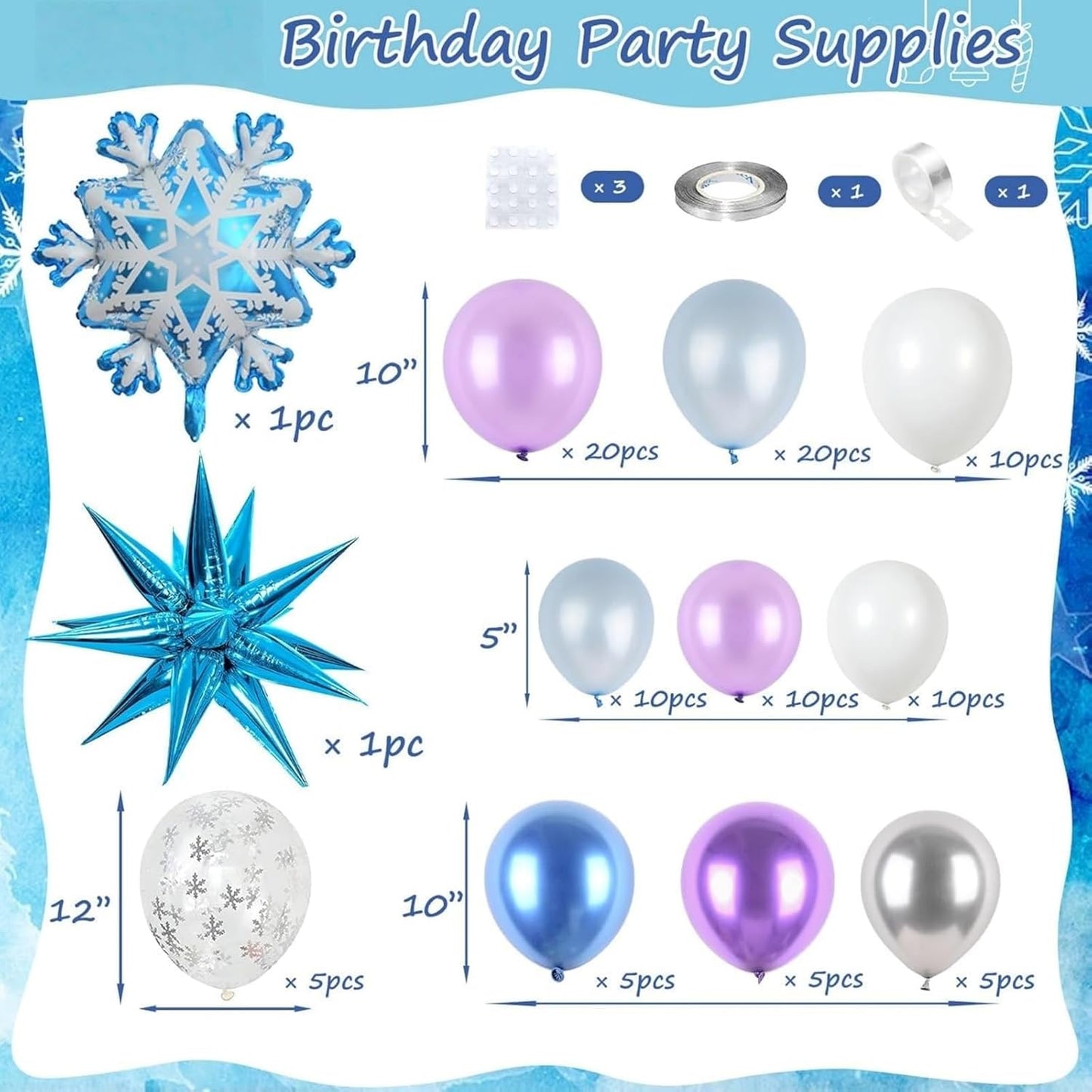 Snow Balloon Garland Arch Kit - Winter Wonderland Decoration with Snowflake Balloons in Blue, Purple, Silver & White