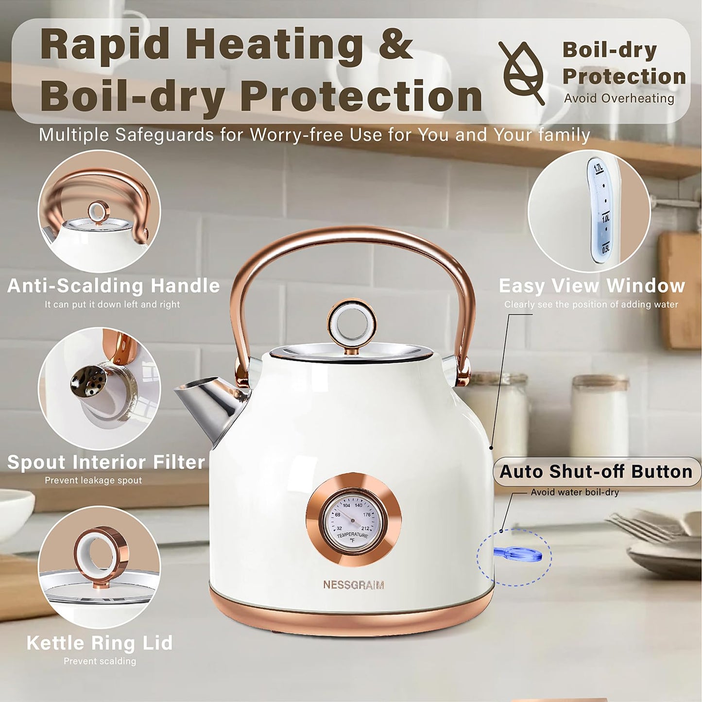 Retro Electric Kettle, 1.7L Stainless Steel Tea Kettle with Large Temperature Gauge, 1500W Fast Heating Hot Water Boiler with LED Indicator, Auto Shut-off & Boil-Dry Protection-Reteo White