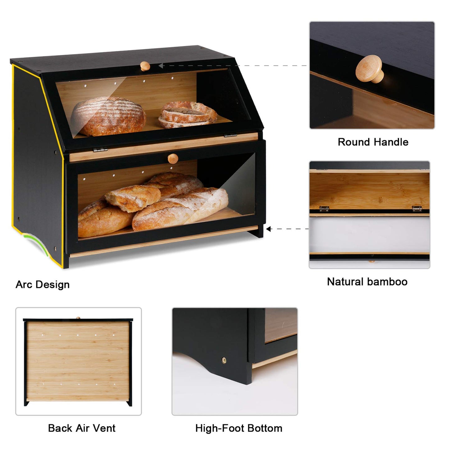 HOMEKOKO Double Layer Large Bread Box for Kitchen Counter, Wooden Large Capacity Bread Storage Bin (Rustic White)