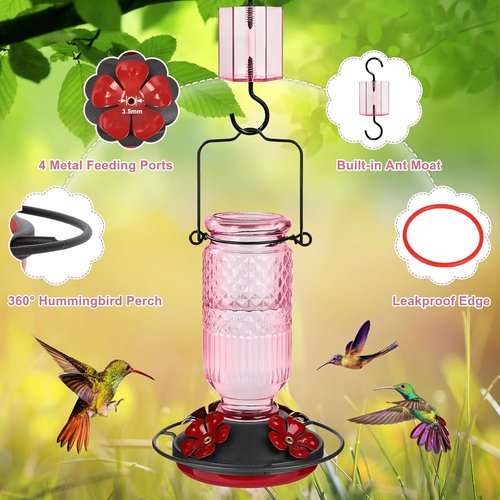 FEED GARDEN Hummingbird Feeder - 16 Oz Outdoor Glass Design with 4 Bee Guards & Ant Moat | Pink, 2 Pack