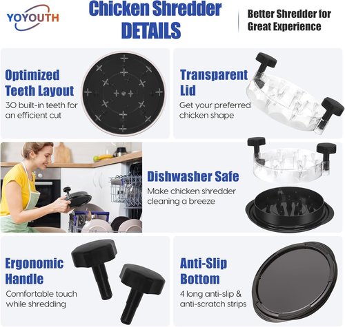 Chicken Shredder Tool by Twist - Pro Food-Grade Meat Shredder with Anti-Slip Base & Ergonomic Handle - Black