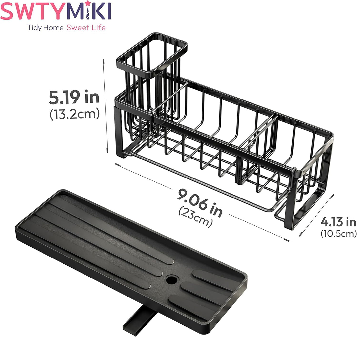SWTYMIKI Sponge Holder - Self-Draining Kitchen Sink Caddy with Brush Holder | Black Stainless Steel Organizer