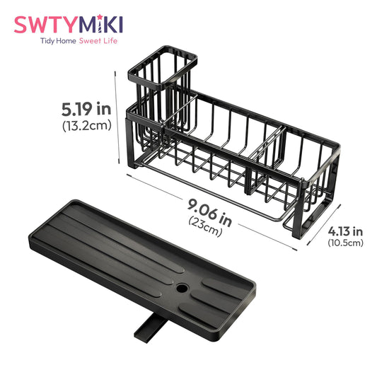 SWTYMIKI Sponge Holder for Kitchen Sink - Sink Caddy with Brush Holder Self-draining Sponge Caddy Organizer with Divider Stainless Steel Kitchen Accessories Storage for Countertop, Black