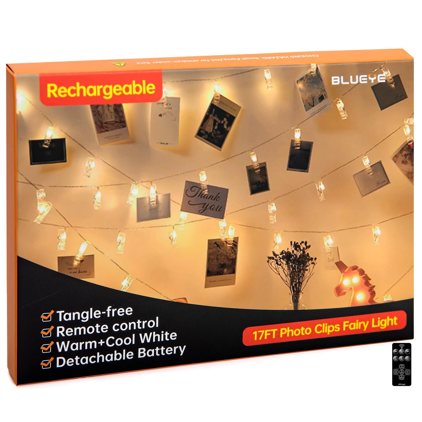 17FT 100LEDs Rechargeable Photo Clips String Light,Remote Control,3 Off Timer,Tangle-Free,Detachable Battery Operated Fairy Lights,Dorm Room Essential for Girl,Christmas(Cool+Warm White,1Pack)