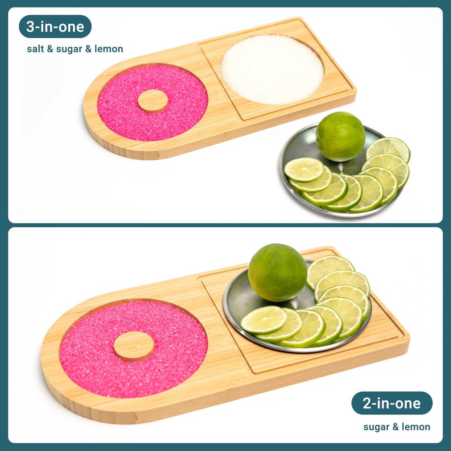 Mugvell Margarita Salt Rimmer Set, Sugar and Salt Rimmer for Cocktails, Bartender Tool with Wood Bamboo Glass Rimmer for up to 5.1" Rims, Essential Margarita Set for Party Bar Celebration