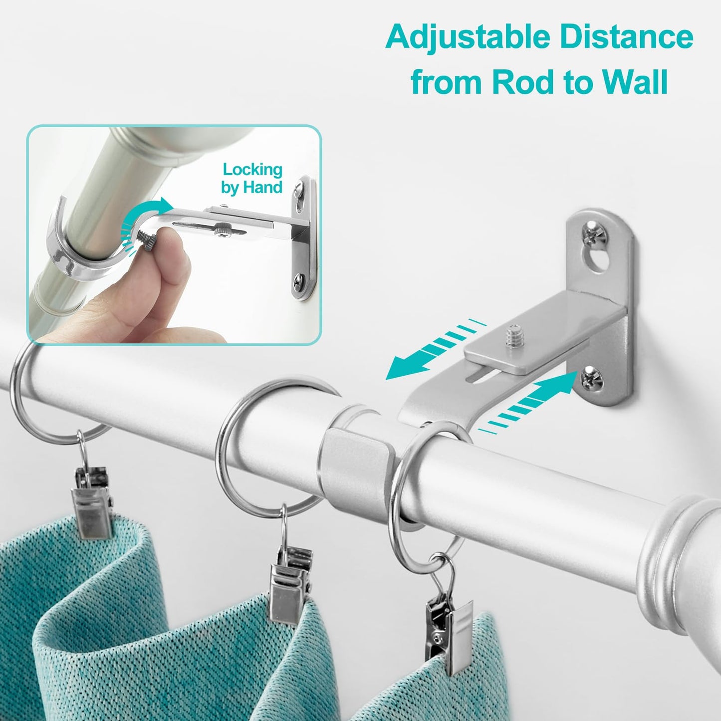 AMZSEVEN Adjustable Curtain Rod Brackets, Metal Window Drapery Rod Hanger Holders Hooks for 1 inch Rods (Satin Silver, Set of 2)