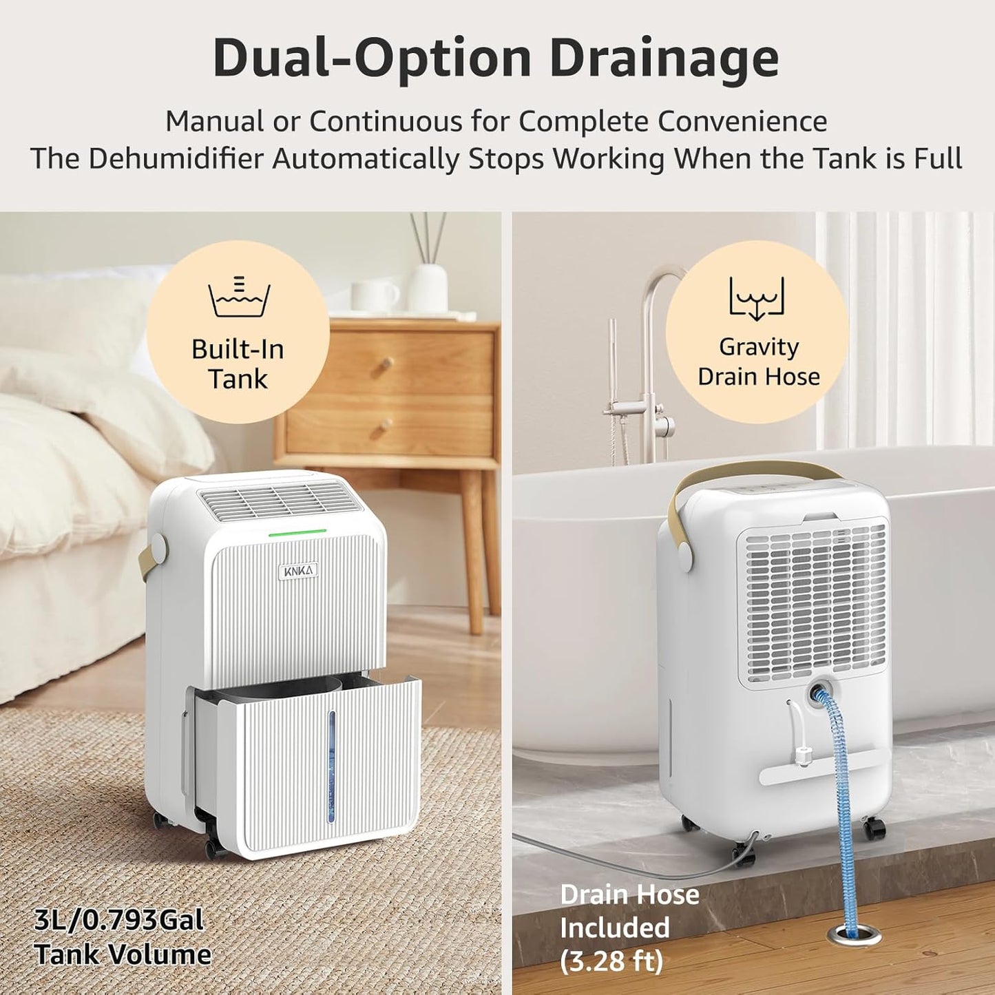 KNKA Dehumidifier - 2500 Sq.Ft Capacity with Drain Hose | 34 Pints, Intelligent Humidity Control, 3 Modes