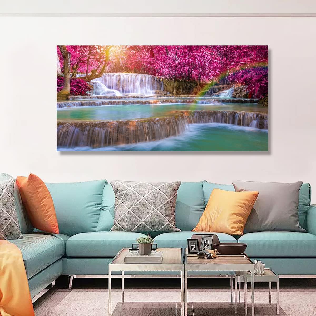 SiGuTie Waterfall Landscape Canvas Wall Art Prints Poster Lake Tree Pictures Wall Decor Natural Scenery Painting for Living Room Bedroom Kitchen Home Decoration 20x40 Artwork Easy Hanging