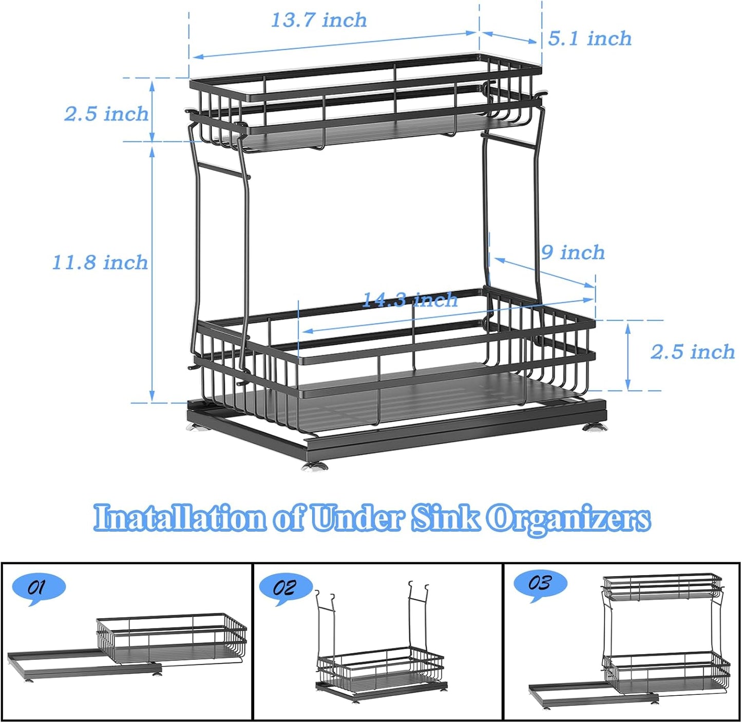 Skiennix Under Sink Organizer - 2 Tier Pull-Out Cabinet Storage with Metal Sliding Drawers | Black