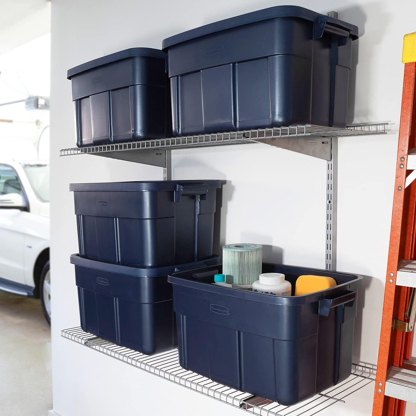 Rubbermaid Roughneck 14 Gal Tote - Rugged Stackable Storage Bins with Lids | Dark Indigo Metallic, 6 Pack