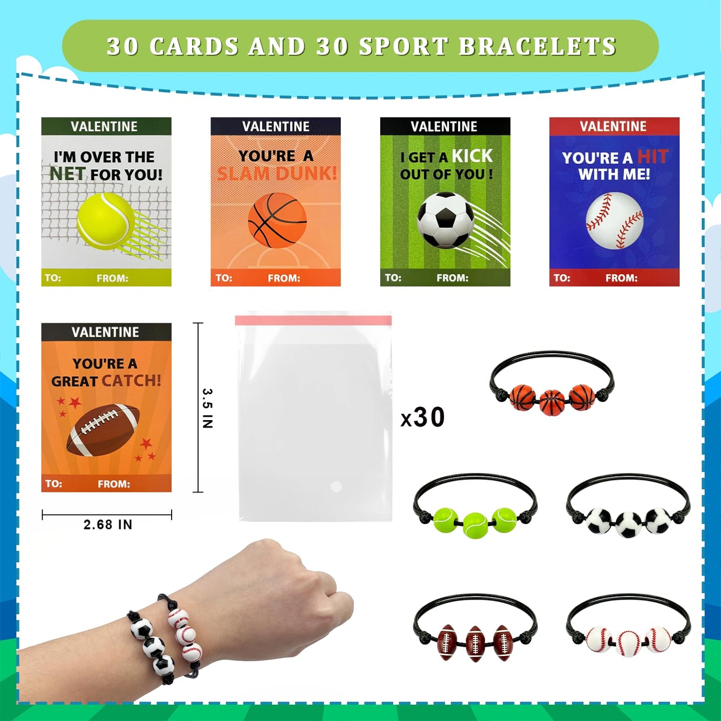 Sports Valentines Day Gifts Cards with Bracelets for Kids Classroom,30 Pack Adjustable Bracelets for Boys Girls,Valentine Non Candy Treats,Party Favors,Goodie Bag Stuffers,School Prizes for Toddlers