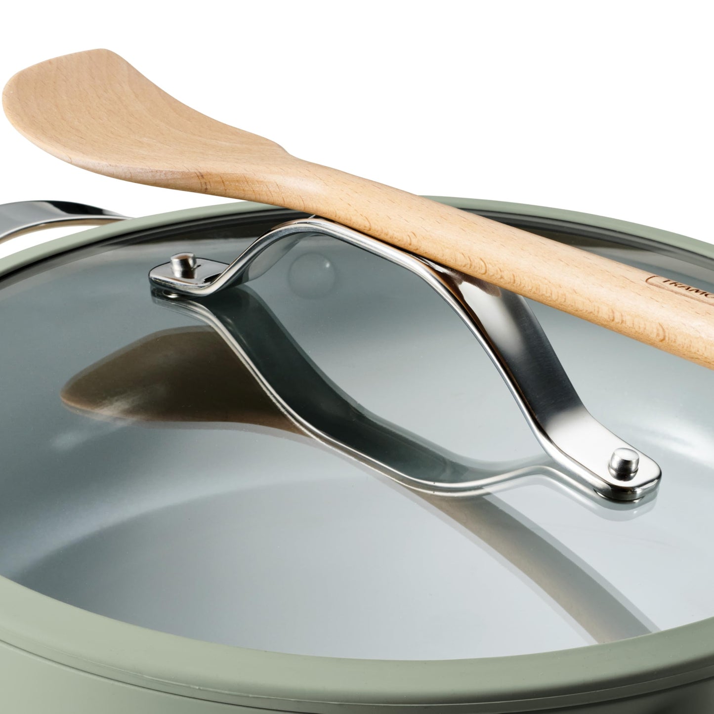 Tramontina Vue All-in-One Plus Pan Set, 5-Quart Ceramic Non Stick Cooking Pan with Glass Lid, Steamer Insert, Beechwood Utensils, Splatter Screen, Pot Holder, Green