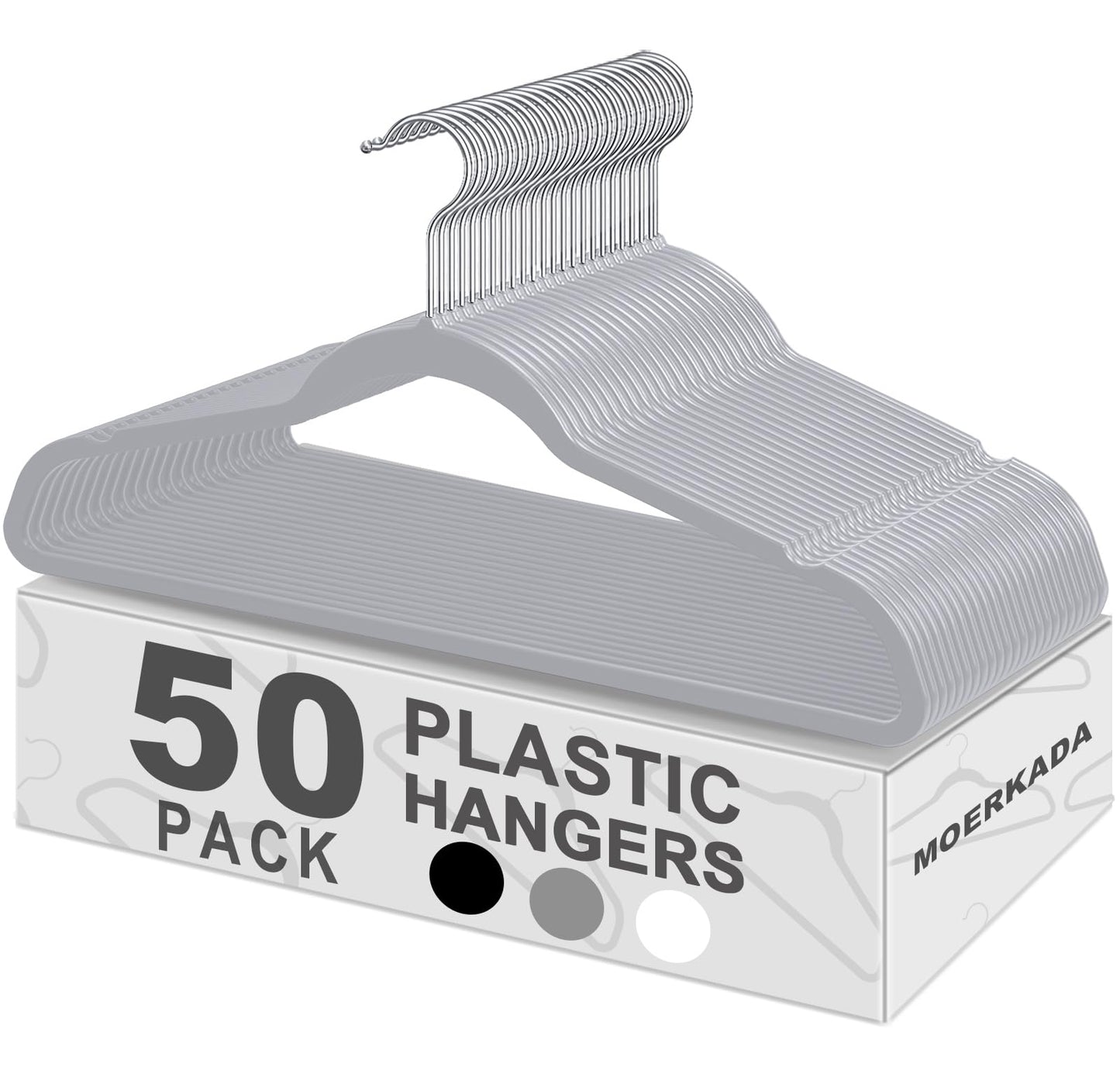 MOERKADA 50 Pack Ultra-Thin Plastic Clothes Hangers (17.7 Inch) - Space-Saving Slim Hangers with Non-Slip Grooves for Wardrobe, Closet & Dorm Organization (Grey)