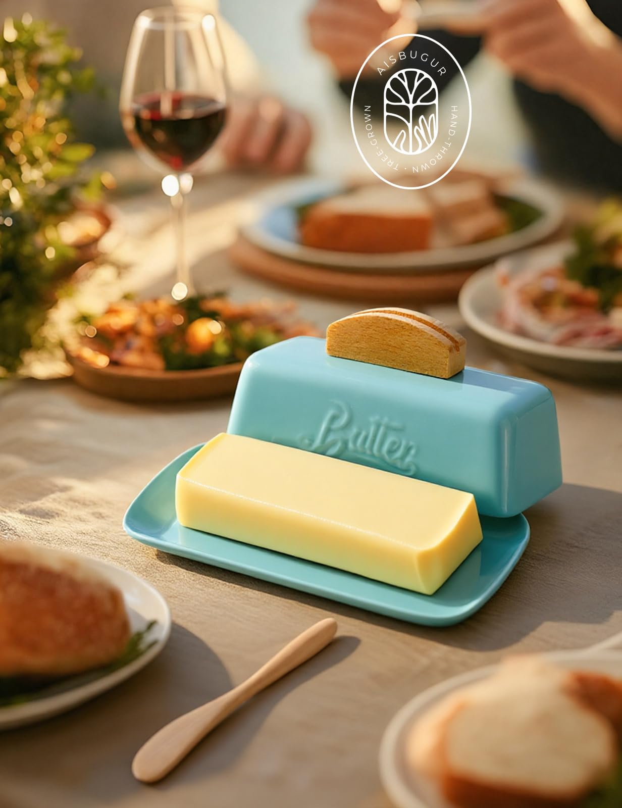 Butter Dish with Lid and Knife Ceramic Butter Holder for Counter Humanized Clamp-able Knife Handle Design, Perfect for East West Coast Butter, Skyblue