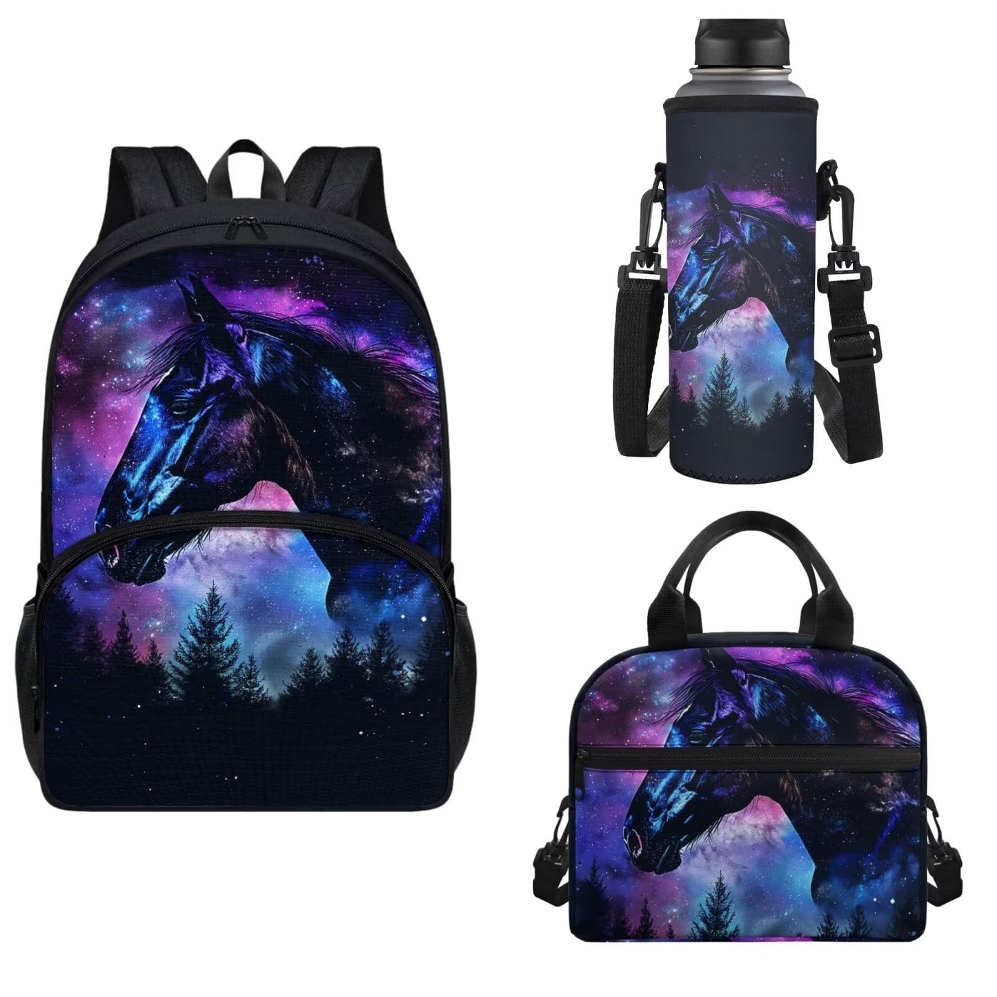 Horeset Purple Horse Print School Bags for Boys 5-16 Years, Travel Backpack with Picnic Lunch Box Water Bottle Holder Bag Set of 3, 17inch Bookbags Fit Sports Picnic Travel